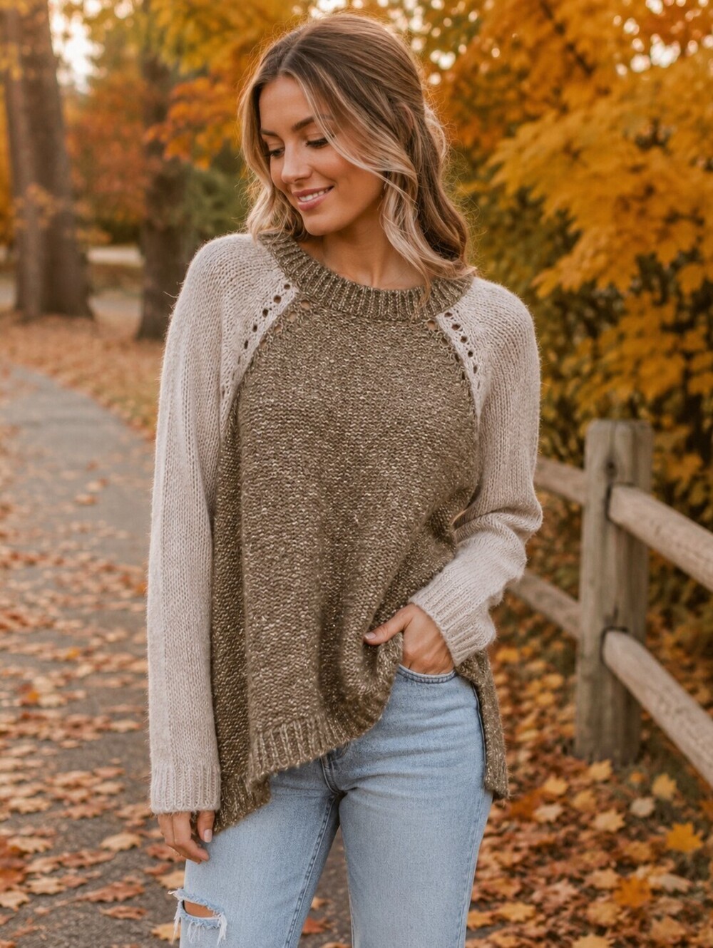 Olive Green Taupe Medium $120 Mohair Blend Raglan Colorblock Crewneck Sweater